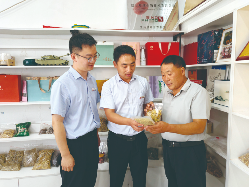 中药材经营者向沂水农商银行工作人员展示产品（谢元辉 摄）