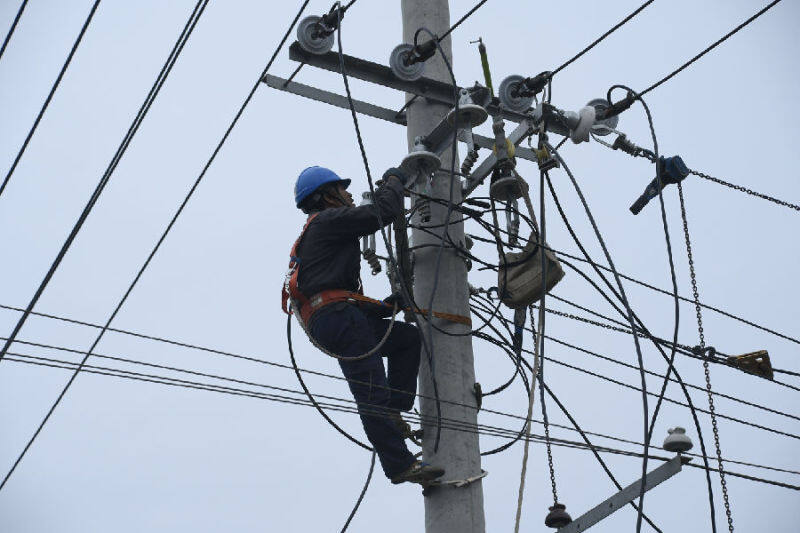 松溪縣供電公司員工正在固定新絕緣導線（蔡政 攝）