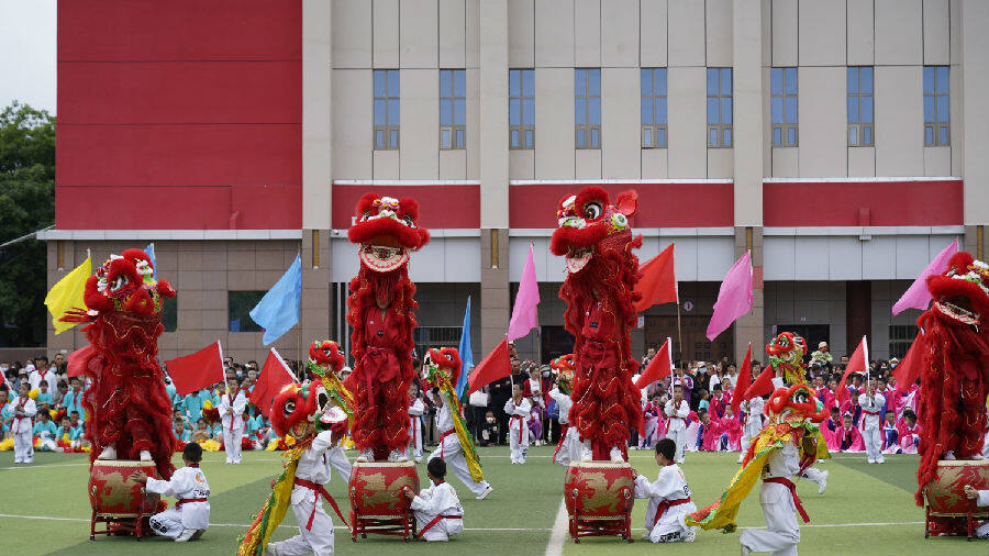 阿阳小学的同学们在舞狮表演(静轩 摄)