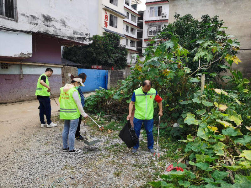 圖為黨員志愿者正在社區清理垃圾（申遂駿 攝）