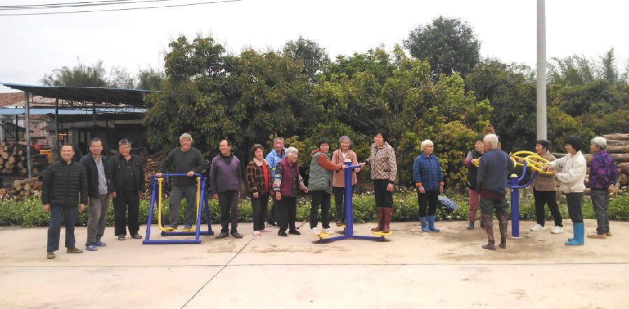 图为盆龙村安装健身器材后老人结伴体验健身器材(杨敏 摄)