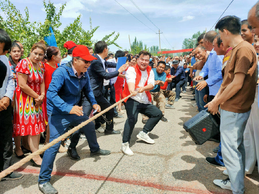 图为温宿县共青团镇第四届"乡村文化旅游节"暨第三届桑葚采摘节拔河