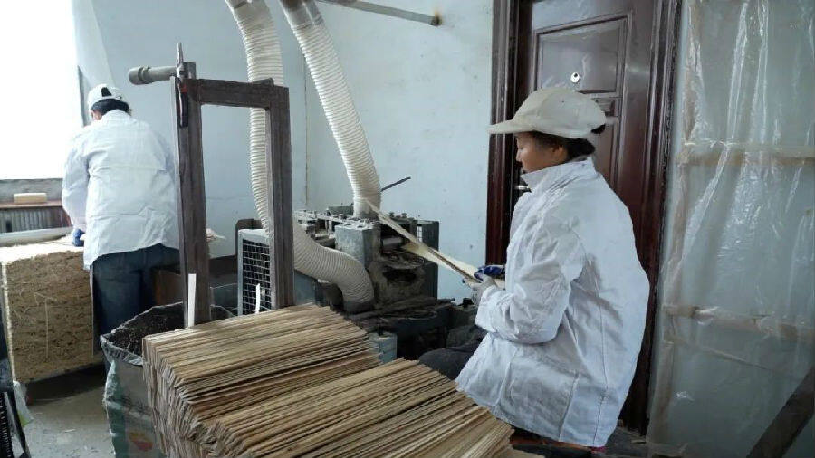 生产车间工人操控机器切割木板(纪艾彤 摄)