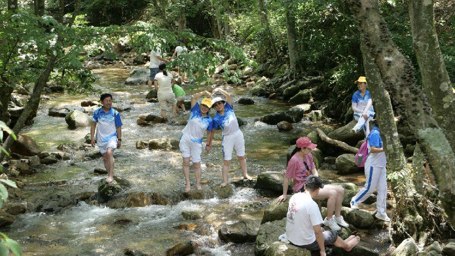 图为英山游客乘坐旅游专线游览岳西鹞落坪山水风光（吴滕钰 摄）