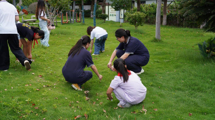 大、中、小学生在万圣村开展生态文明保护活动。（胡亚捷 摄））