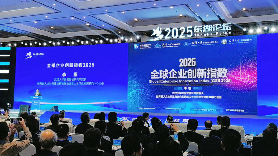 武汉大学教授李纲现场发布《全球企业创新指数2025》 （余惠玲 摄）