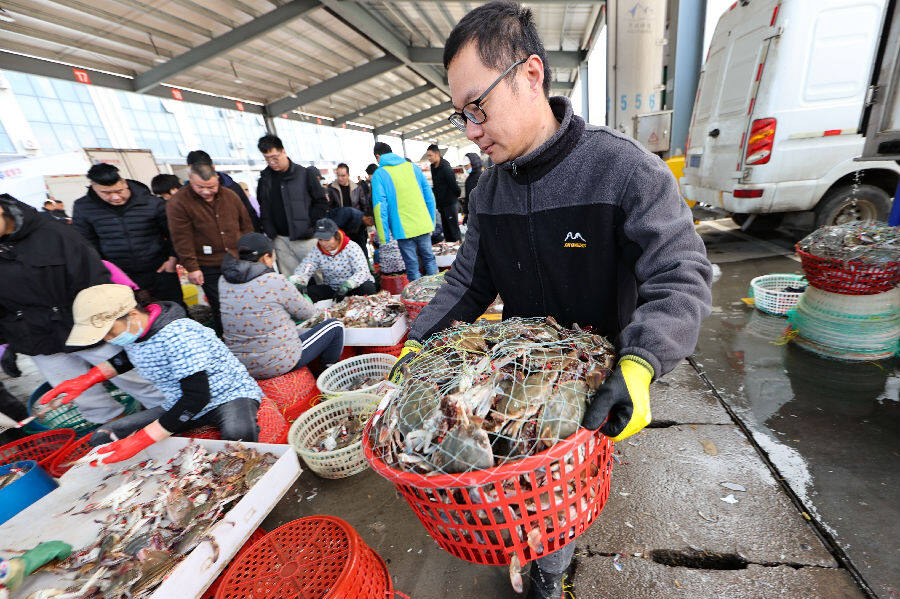 10月24日，在江苏省连云港市赣榆区海头镇海产品交易市场，渔民在分拣梭子蟹。（司伟 摄）