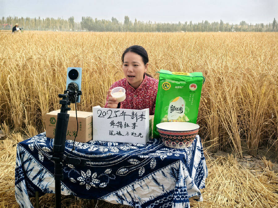 新疆喀尔苏米业发展有限责任公司的电商主播正在直播销售温宿大米(查燕荣 摄) 新疆喀尔苏米业发展有限责任公司的电商主播正在直播销售温宿大米(查燕荣 摄)